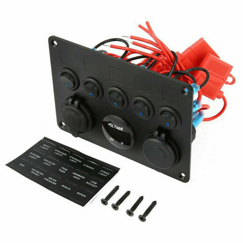 5 Gang 12V Switch Panel Control USB ON-OFF Rocker Toggle For Car Boat Marine