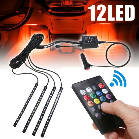 4Pcs 12LED RGB Car Interior 12V LED Strip Lights with Remote