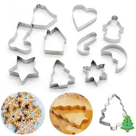 10pcs Stainless Steel Christmas Cookie Cutters Shapes, Christmas Biscuit Pastry Baking Cutters Snowflake Christmas Tree Bell Moon Star Socks for Fondant Cookie DIY Baking