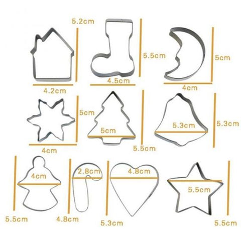 10pcs Stainless Steel Christmas Cookie Cutters Shapes, Christmas Biscuit Pastry Baking Cutters Snowflake Christmas Tree Bell Moon Star Socks for Fondant Cookie DIY Baking